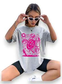 Playera Oversized dama para gym , crossfit, fitnees, Pesas dumbbell cuello redondo - Gris - Ver 4