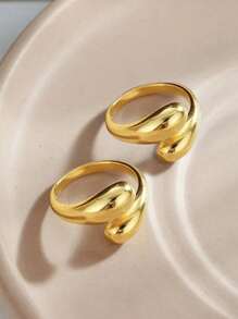 2 piezas Anillos ajustables de acero inoxidable en forma de gota de agua brillante para mujer con extremo abierto.