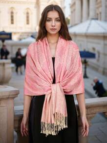 1件装女士时尚保暖佩斯利花纹印花围巾，经典佩斯利头巾/披肩，可搭配长袍穿着。 - 粉色 - 查看 4