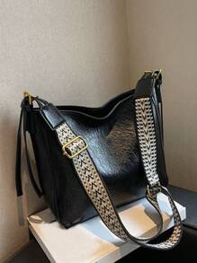 時尚純色油蠟PU皮革女士肩袋，簡約桶袋款式 - 黑色 - 查看 1