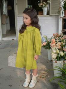 年轻女孩彼得潘领纽扣细节连衣裙 - 青檸色 - 查看 3