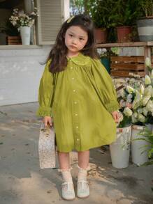 年轻女孩彼得潘领纽扣细节连衣裙 - 青檸色 - 查看 1