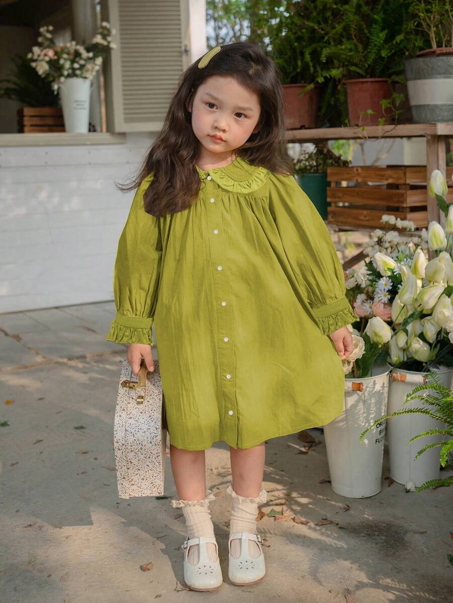 年轻女孩彼得潘领纽扣细节连衣裙 - 青檸色 - 查看 1