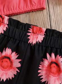 Conjunto de blusa de hombro frío para niña con ribete de volantes y pantalones cortos con estampado de girasoles, trajes de verano para niños