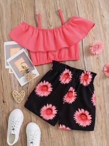 Conjunto de blusa de hombro frío para niña con ribete de volantes y pantalones cortos con estampado de girasoles, trajes de verano para niños
