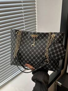 2024 New Women's Personalized Large Capacity Handbag, Fashionable Retro Chain Tote Bag With Printed Design, Suitable For Commuting, Shoulder And Handheld