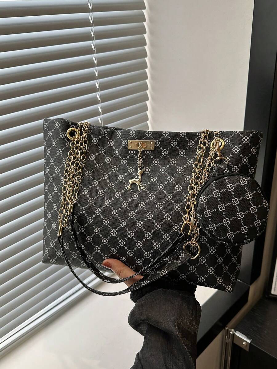 2024 New Women's Personalized Large Capacity Handbag, Fashionable Retro Chain Tote Bag With Printed Design, Suitable For Commuting, Shoulder And Handheld