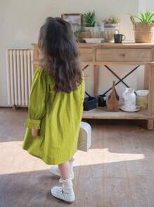 年轻女孩彼得潘领纽扣细节连衣裙 - 青檸色 - 查看 4