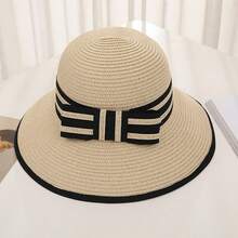 Mũ che nắng thời trang cho mùa hè, có thể gập lại, chống nắng, phong cách ngư dân, hoàn hảo cho du lịch, giải trí và nơ bảo vệ mặt - Mũ rơm buộc lớn màu đen và trắng - Xem 10