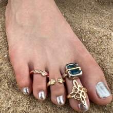 4pcs European And American Style Toe Rings Set, Celtic Knot Open Adjustable Rings, Geometric Square Blue Zirconia Cute Cat Paw Foot Rings (INS Style) - Gold - View 9