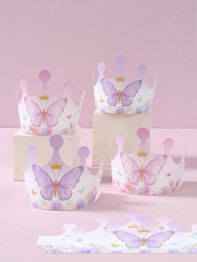 6pcs Pink Purple Butterfly Style Party Hats, Paper Crown Shaped Party Hats, Butterfly Theme Birthday Family Holiday Party Decoration Supplies Back To School Valentine Day