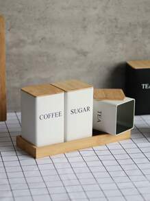 1pc Creative Bamboo Lid Iron Art White Tea Canister For Snack/Coffee/Candy Storage & Display, Simple Design