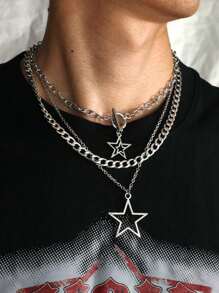 3入組復古哥特式星形不銹鋼男女項鍊,鏈鎖項圈,嘻哈風格 - 銀色 - 查看 1