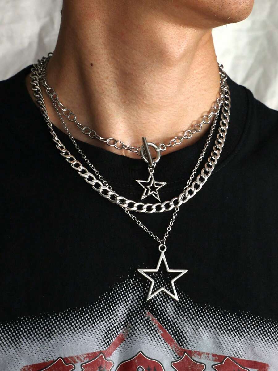 3入組復古哥特式星形不銹鋼男女項鍊,鏈鎖項圈,嘻哈風格 - 銀色 - 查看 1