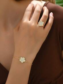 2入組優雅創意立體氧化鋯花朵戒指和手鏈套裝，適用於女性夏季假期和約會，珠寶禮物套裝 - 點鑽單花手鍊戒指 - 查看 6