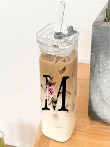 1入組，13.53盎司英文字母圖案家庭用方形高硼硅玻璃杯，便攜式吸管杯，極簡主義女士水杯，好友和女友的禮物，母親節禮物