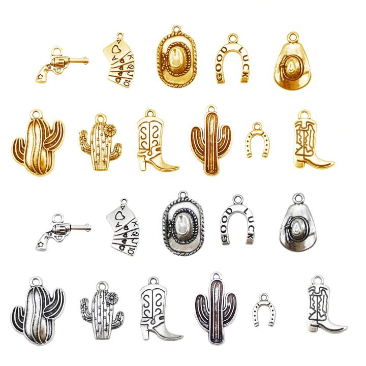 30pcs Western Cowboy Charms Pendants Hat Cactus Cowboy Boot Charms Antique Gold Silver Mixed for Bracelet Earrings Necklace Jewelry Making one size
