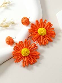 1 par de aretes tejidos a mano en estilo bohemio vacacional con hierba de rafia de color naranja, verde, beige, caqui y amarillo, cuentas y flores margarita, adecuados para uso diario por mujeres - Beis - Ver 7