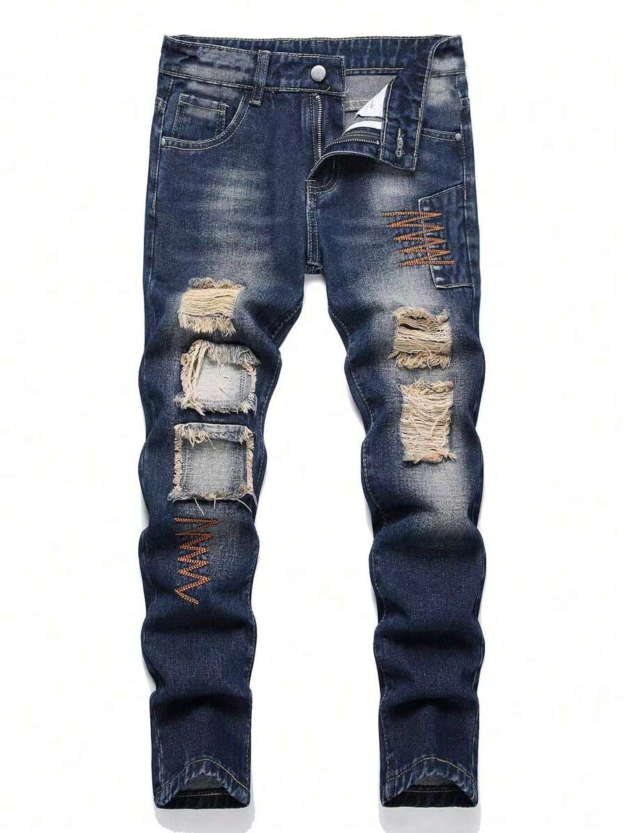 Teen Boy Fashionable Distressed Non-Stretch Denim Jeans - Medium Wash - View 1