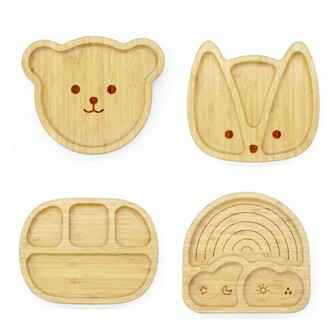 Bamboo Plate, -Friendly Plate For Kids, Baby Suction Cup Anti-Slip Divided Bamboo Tray