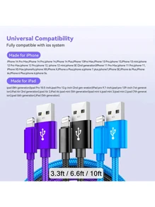 Nylon Braided Lightning Cables For Compatible With Iphone 14/13/12/Pro Max/X/XR/XS/8/7/6s/6/IPad, Male To Male USB Charging Data Sync Cord With Matte Finish, 5-10W Power Output, Round Shape - 3.3ft/6.6ft/10ft Options MFi Certified