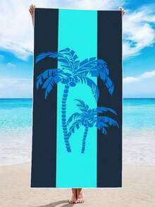 1片椰樹印花超細纖維沙灘巾，適用於旅行、露營、海灘旅行！ - 藍色 - 查看 4