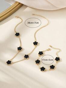 1pc Sweet And Elegant Lucky Clover Pendant Necklace And Bracelet Set For Women Valentines - Black - View 5