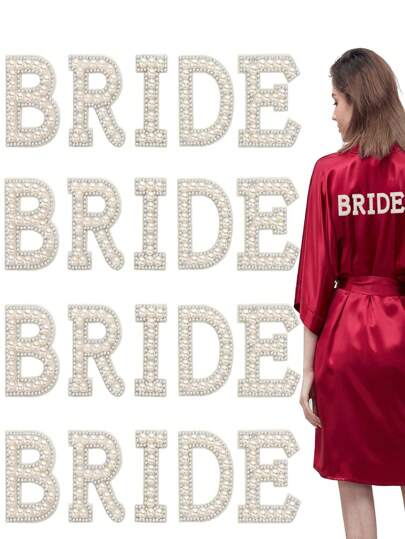 1set Bride Silver Rhinestone Faux Pearl Letter Stickers, Bridal Accessories Decorations, DIY Wedding Dress/Bag Decals, For Wedding Outfit Decor