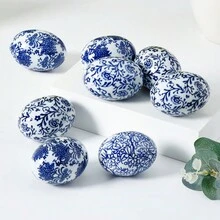 6 颗手绘陶瓷复活节彩蛋，经典蓝白色装饰蛋，2.36 英寸 * 1.57 英寸节日装饰，适用于家庭客厅办公室装饰、母亲节春季复活节礼物 - 彩色 - 查看 3