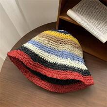 1pc Hand-Woven Rainbow Striped Bucket Hat, Breathable Bucket Hat For Summer - Multicolor - View 4