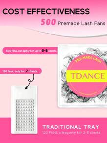 TDANCE TDANCE - 1 Caixa com 500 Fãs de Promade de Base Pontuda Solta, Extensões de Cílios Volumosos 8D/10D/12D Prontos de Volume Handmade com hastes, Cílios Postiços de 0.05/0.07 D de 8-15mm