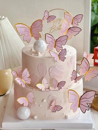 10pcs Butterfly Cake Decorations For Birthday Baking, Pink Color Cake Toppers Back To School Valentine Day