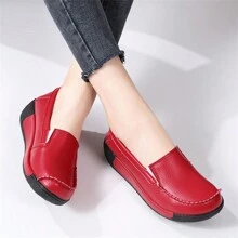 女款休閒增高平底拖鞋，新款春秋增厚底楔形鞋，舒適防滑中老年媽媽鞋 - 紅色 - 查看 4