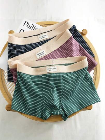 3pcs Men's Underwear Double Color Striped Letter Printed, Simple Style Breathable Mid-Waist Boxer Briefs