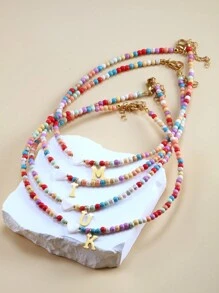 Magic Fish 1入組隨機色時尚心和珠子裝飾字母吊墜項鍊適用於女士日常裝飾 - 彩色 - 查看 3