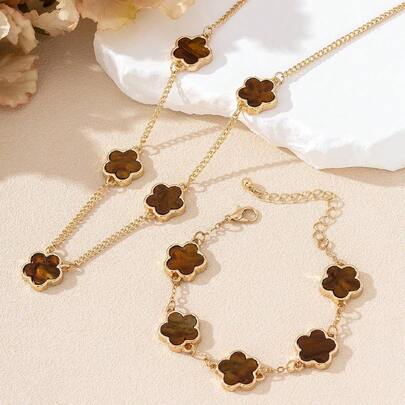 1pc Sweet And Elegant Lucky Clover Pendant Necklace And Bracelet Set For Women Valentines
