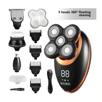 1件装 5合1可充电电动光头剃须刀，男女通用，男士4D电动剃须刀 5合1鼻毛和胡须修剪器理发师剃须套装旋转式剃须刀无线USB充电面部护理套装（清洁刷和理发刀头单独出售，不包含在产品套装中）