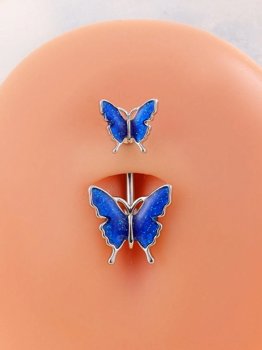 Perforación perfecta, anillo de ombligo con decoración de mariposa, acero inoxidable para mujeres y hombres, no se necesita perforación, joyería para el cuerpo del tabique - Plateado - Ver 1