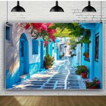 1 pieza Telón de fondo Grecia para fiesta, Telón de fondo callejón estrecho de Marruecos, Telón de fondo de boda Grecia, Telón de fondo de música / drama, Banner de foto de boda, Decoraciones - Azul - Ver 4