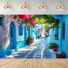 1 pieza Telón de fondo Grecia para fiesta, Telón de fondo callejón estrecho de Marruecos, Telón de fondo de boda Grecia, Telón de fondo de música / drama, Banner de foto de boda, Decoraciones - Azul - Ver 5