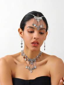 Vòng cổ kim loại tua rua bằng vàng và bạc cổ điển kiểu Âu Mỹ theo phong cách Bohemian mới của Trung Quốc, Dây chuyền dài dát chuông và bông tai đính hạt hình tròn, băng đô cá nhân 3 mảnh cho bữa tiệc và sự kiện của phụ nữ - bộ vòng cổ - Xem 1