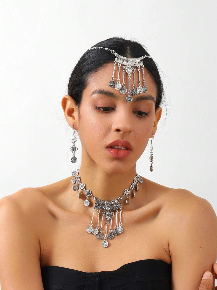 Vòng cổ kim loại tua rua bằng vàng và bạc cổ điển kiểu Âu Mỹ theo phong cách Bohemian mới của Trung Quốc, Dây chuyền dài dát chuông và bông tai đính hạt hình tròn, băng đô cá nhân 3 mảnh cho bữa tiệc và sự kiện của phụ nữ - bộ vòng cổ - Xem 1