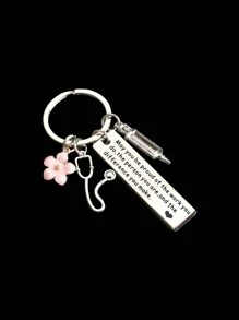 1pc Inspirational Nurse Keychain, Stainless Steel Pendant With Syringe And Flower Decoration, Friendship Gift For Nurses, Accessory With Inspirational Quote Engraved School Car Accessories Cute Goth Y2k - Silver - View 2