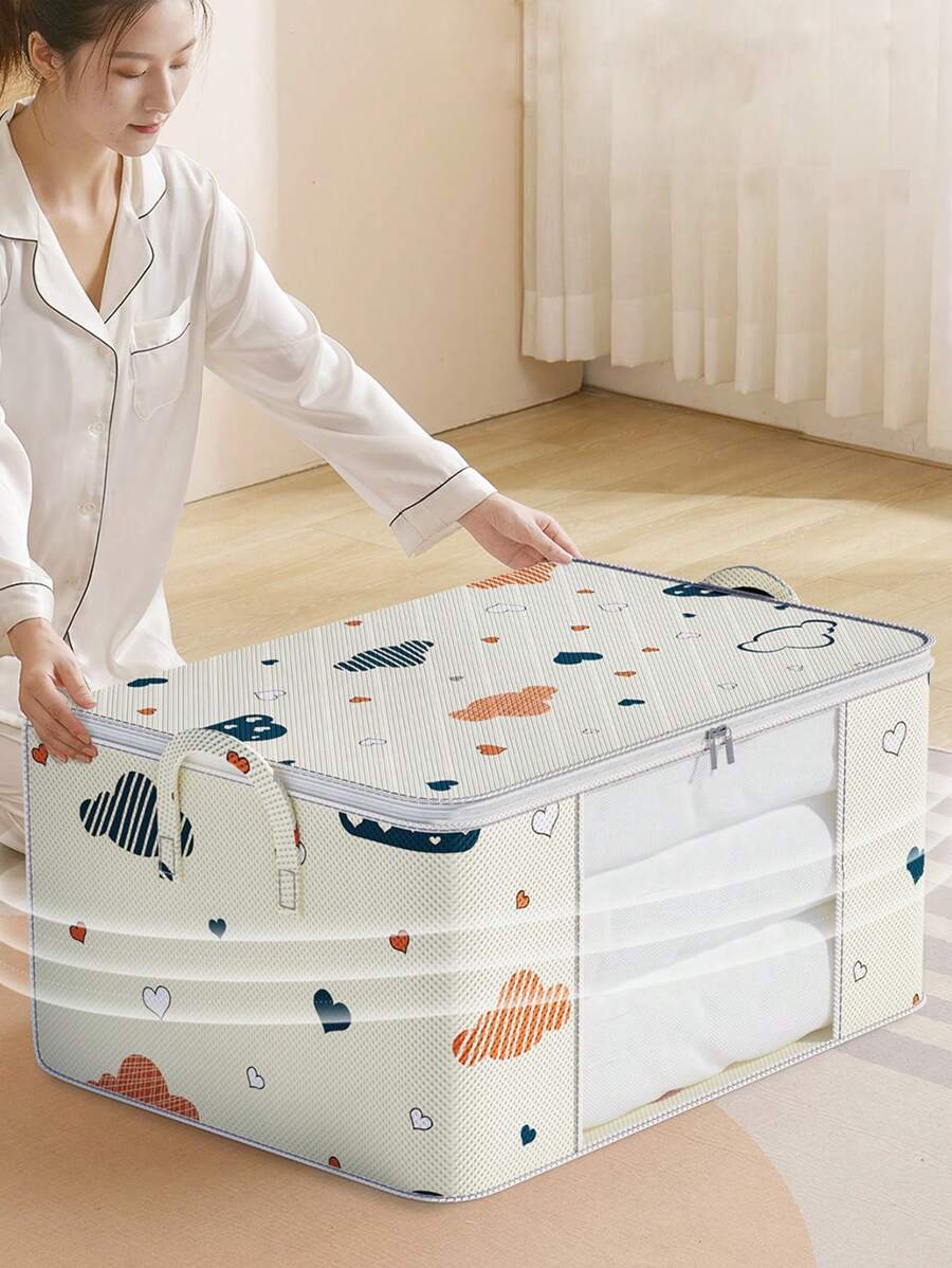 1 pièce Sac de rangement en tissu non tissé avec fenêtre, motif nuage et cœur de bande dessinée, grande capacité pour la literie, les vêtements, pliable et portable