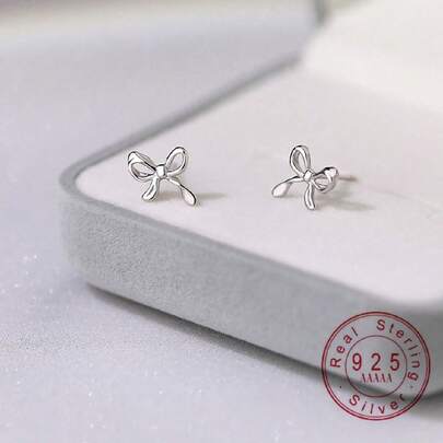 1pair Simple Design Small Luxurious 925 Sterling Silver Bow Knot Ear Studs With Ear Cuffs For Girl