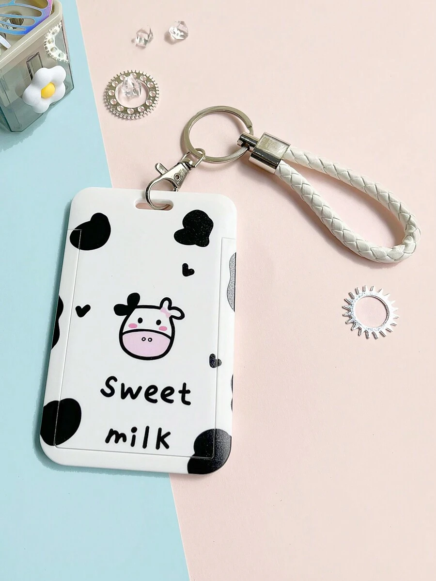 1 pezzo Adorabili coperture per carte di credito animate per ragazze e donne con disegni animali e fiori. Porta carte d'identità portatile anti-smarrimento per studenti con custodia per autobus e cinturino a mano per tessere d'identità. - mucca piccola - Visualizzare 1