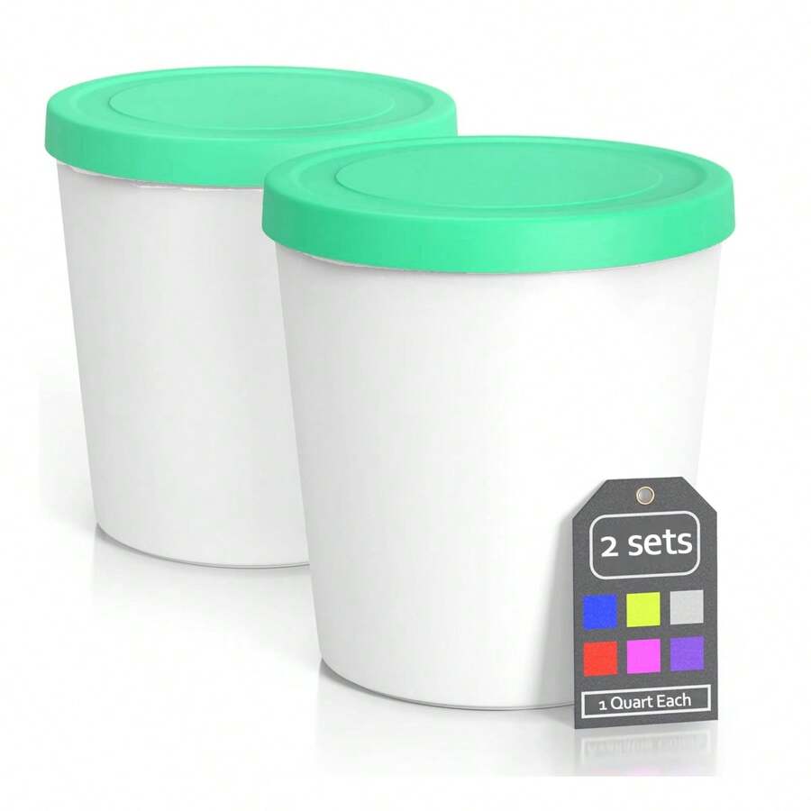 Premium Ice Cream Containers (2 Packs ) Perfect Freezer Storage Tubs With Lids For Ice Cream, Sorbet And Gelato! - Green - Green - View 1