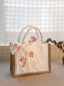1pc Burlap Tote Bag With Lace Ribbon Resuable And Durable Jute Gift Handbags For Wedding ,Bridesmaid,Grocery Shopping,Women And Brithday Party