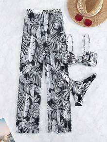 Conjunto De Bikini De 3 Piezas Con Estampado Tropical Y Corte Alto Para Playa De Verano Con Cubierta,Bañador Bikini Halter Con Estampado Tropical,Bañadores Para Fest - Negro - Ver 3