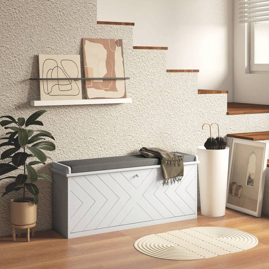 HOMCOM Shoe Bench, Entryway Bench With Flip Drawer, Seating Cushion And Adjustable Shelf For 10 Pairs Of Shoes For Hallway, White - White - View 1